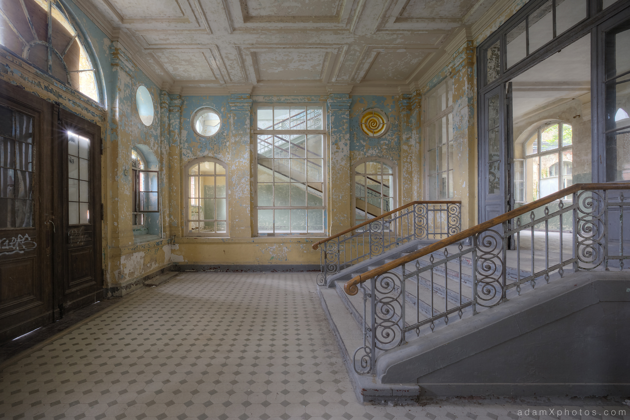 Adam X Urbex Beelitz Heilstatten Germany Urban Exploration Mens Men's Bathhouse Bath House Hospital Decay Lost Abandoned Hidden entrance hall foyer stairs