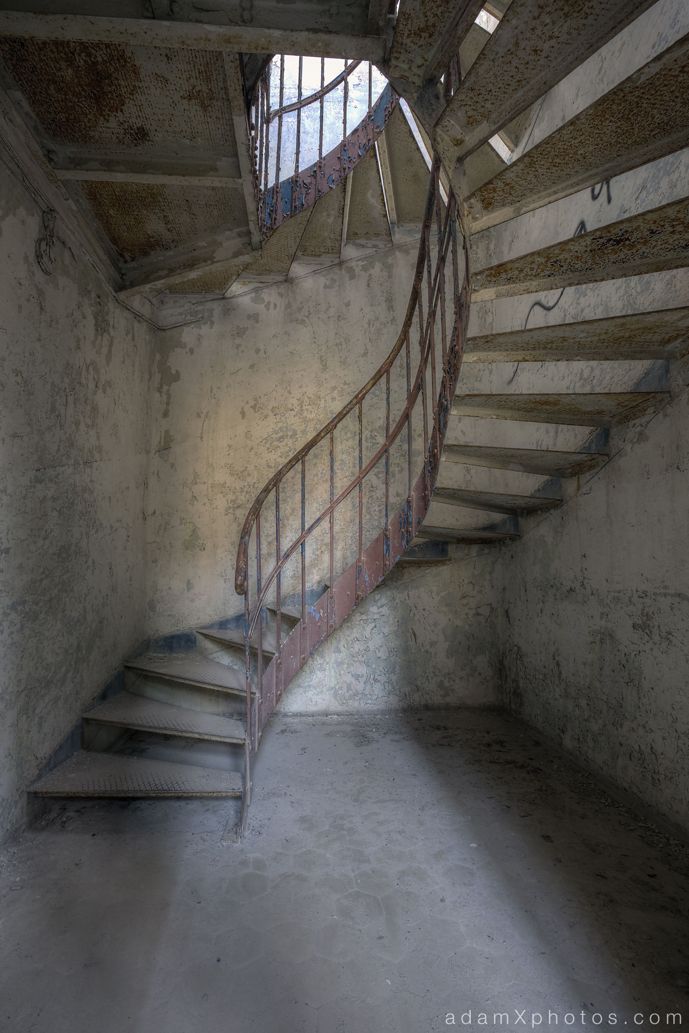 Adam X Urbex Beelitz Heilstatten Germany Urban Exploration Mens Men's Bathhouse Bath House Hospital Decay Lost Abandoned Hidden spiral stairs staircase