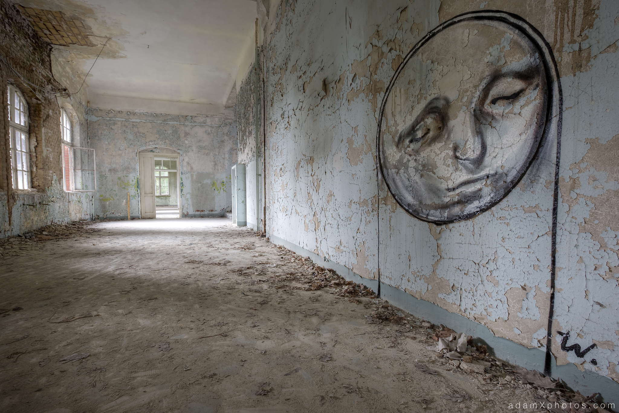 Adam X Urbex Beelitz Heilstatten Germany Urban Exploration Mens Men's Sanatorium Hospital Decay Lost Abandoned Hidden art mural graffiti moon face peeling paint