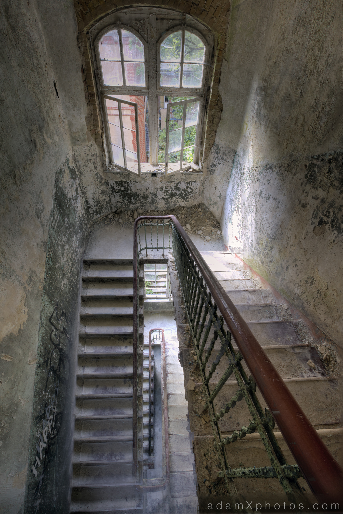 Adam X Urbex Beelitz Heilstatten Germany Urban Exploration Womens Women's Sanatorium Hospital Decay Lost Abandoned Hidden stairs staircase window