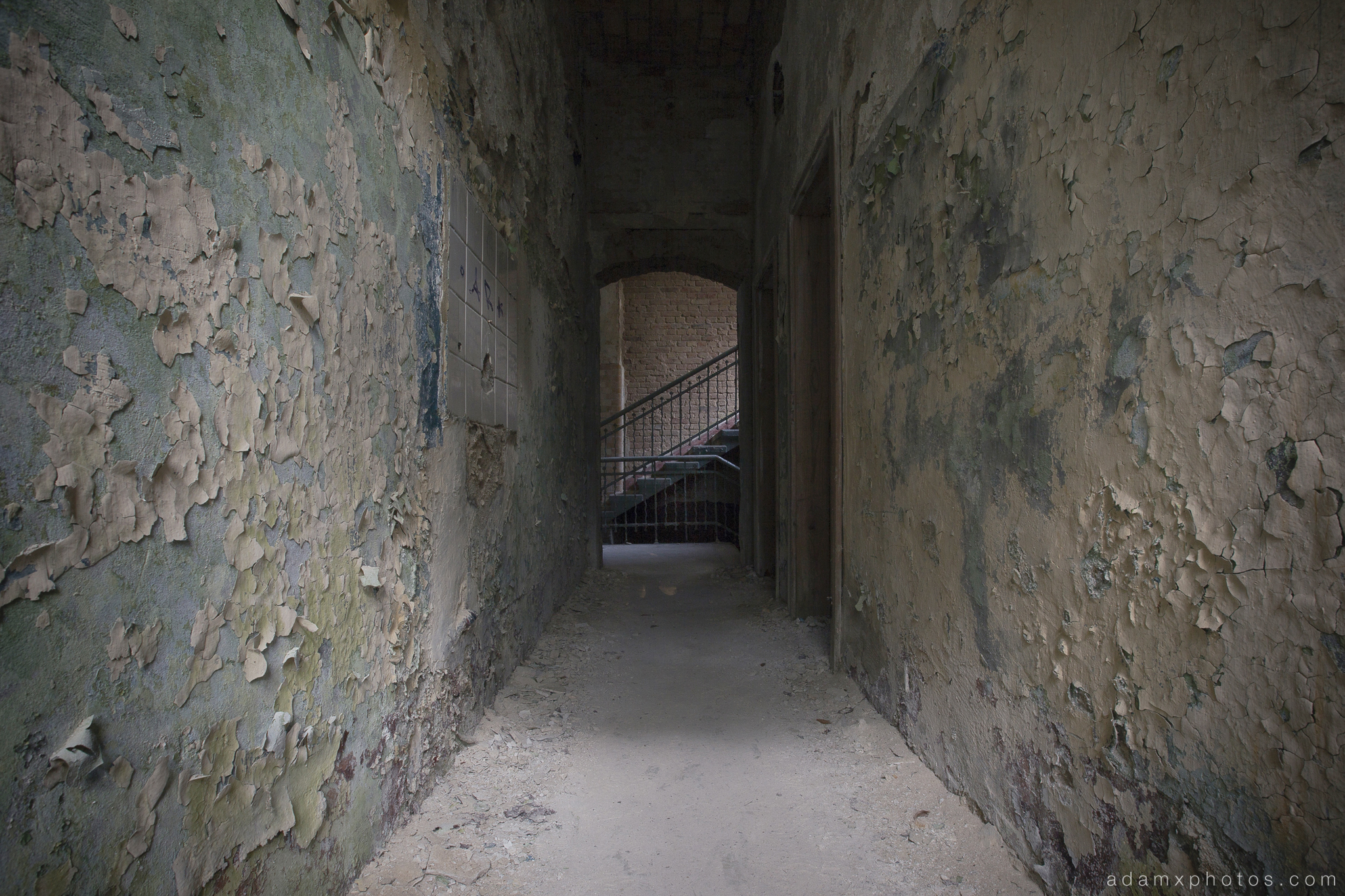 Adam X Urbex Beelitz Heilstatten Germany Urban Exploration Womens Women's Sanatorium Hospital Decay Lost Abandoned Hidden corridor stairs dark