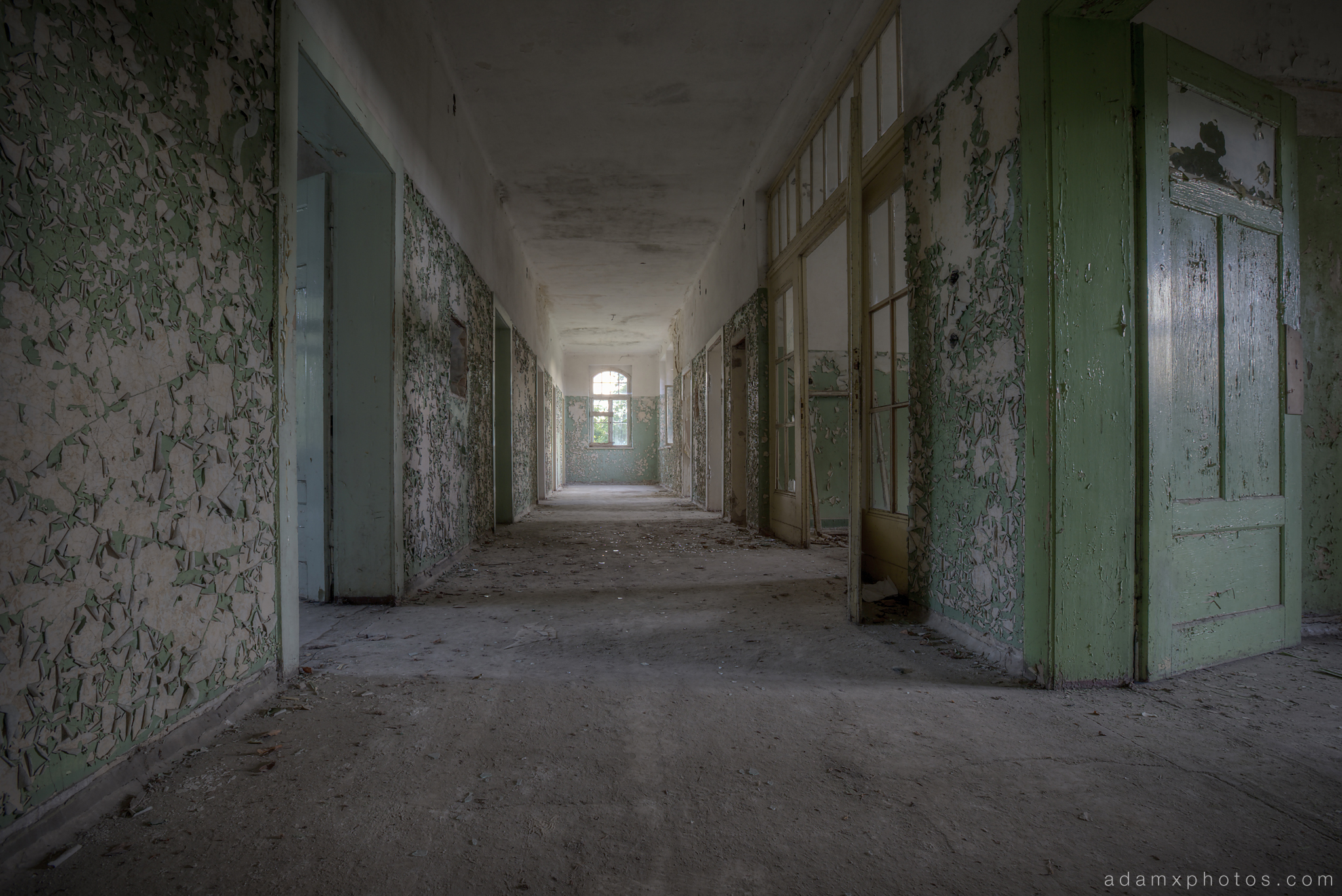 Adam X Urbex Heilstatten Hohenlychen Germany Urban Exploration Decay Lost Abandoned Hidden corridor peeling paint green