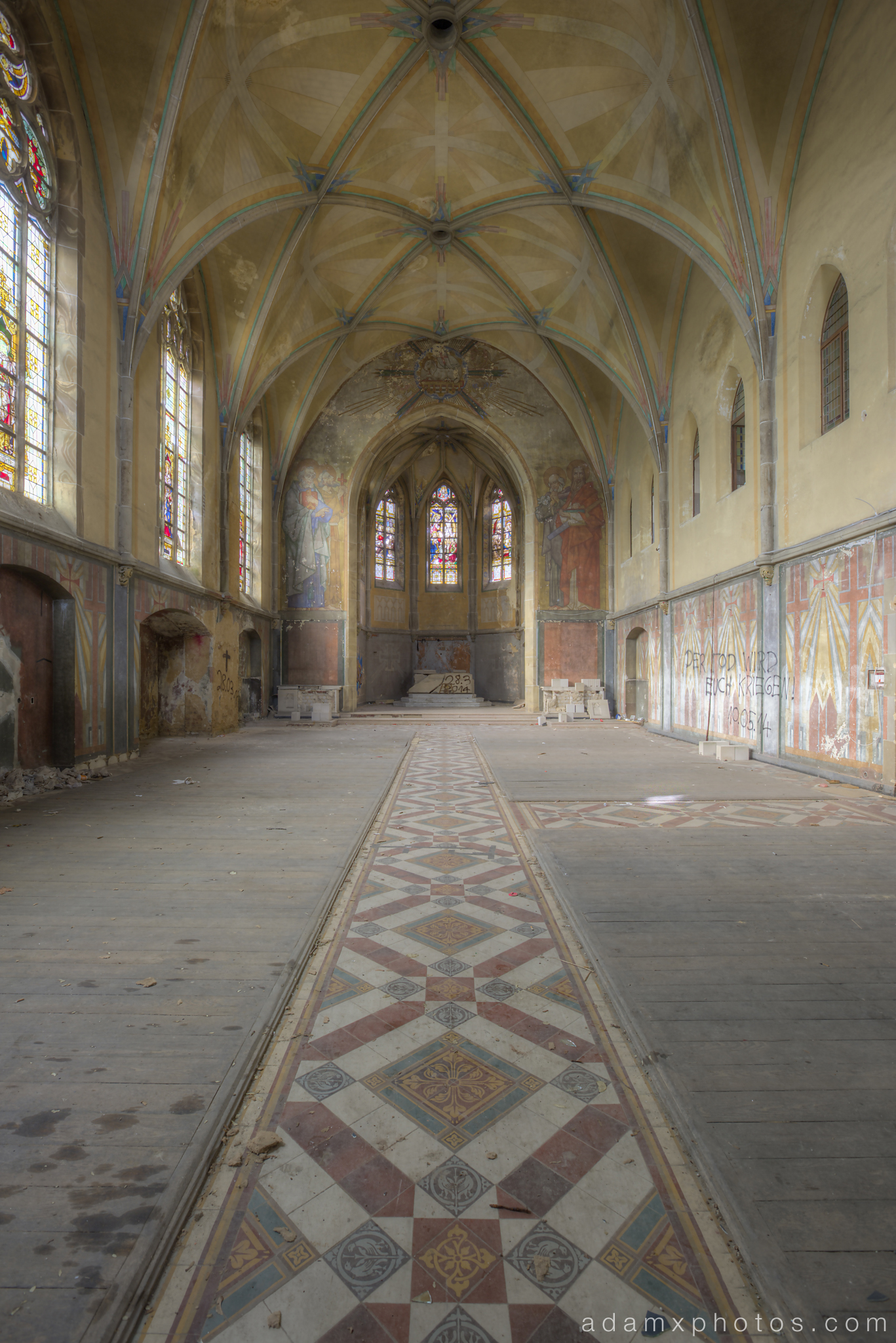 Portrait view of chapel downstairs Adam X Urbex UE Urban Exploration Germany church abandoned derelict unused empty disused decay decayed decaying grimy grime