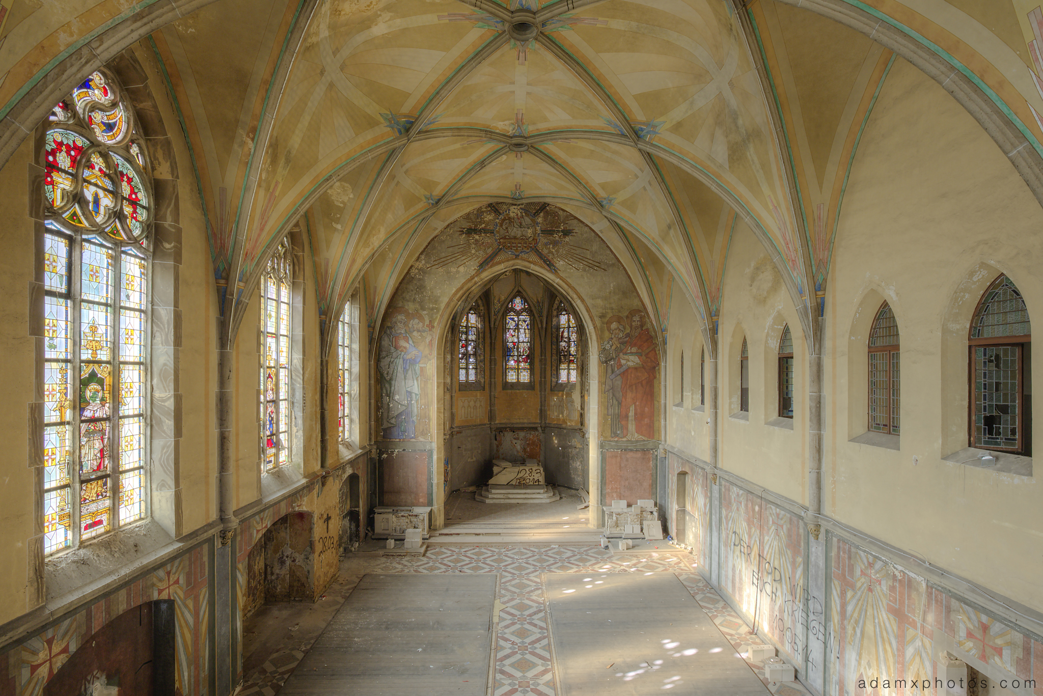 Upstairs balcony view of chapel Adam X Urbex UE Urban Exploration Germany chapel church abandoned derelict unused empty disused decay decayed decaying grimy grime
