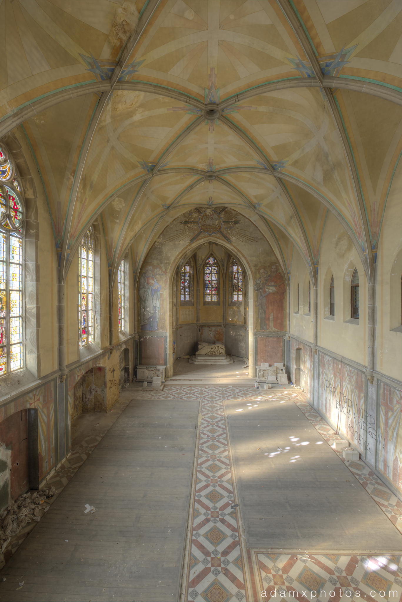 Upstairs balcony view of chapel Adam X Urbex UE Urban Exploration Germany chapel church abandoned derelict unused empty disused decay decayed decaying grimy grime