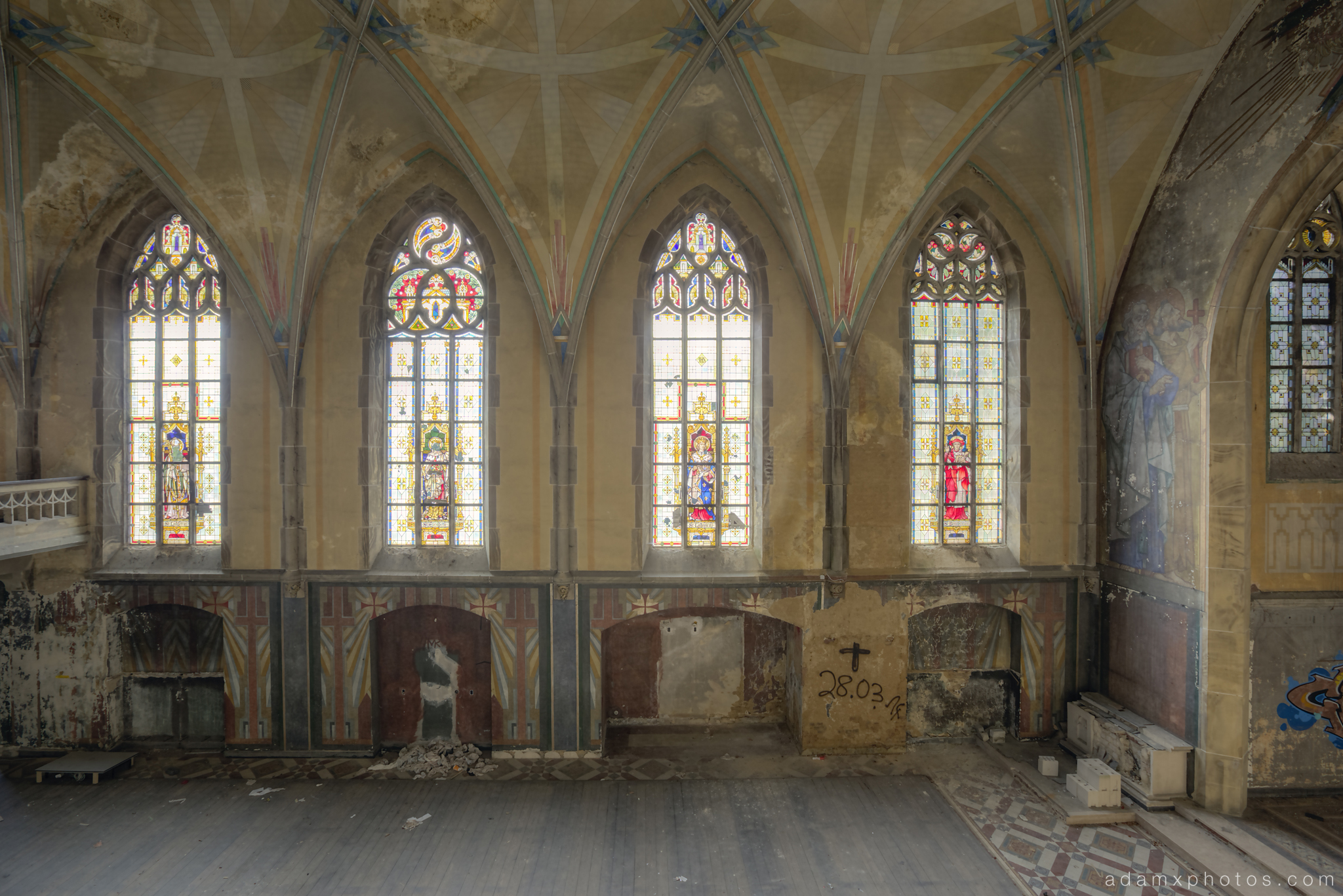 Side view stained glass windows ornate Adam X Urbex UE Urban Exploration Germany chapel church abandoned derelict unused empty disused decay decayed decaying grimy grime