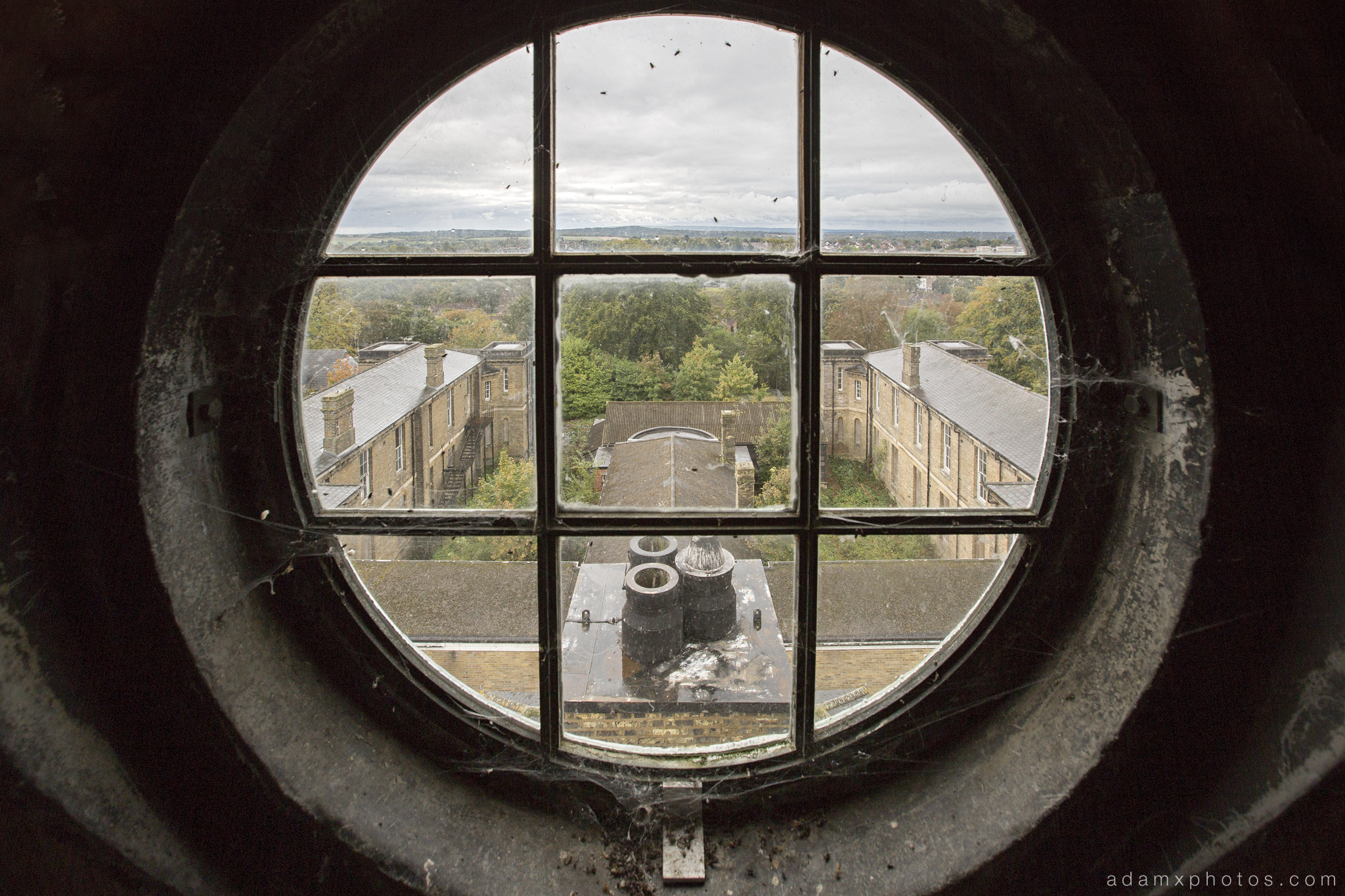 View from the clocktower clock tower round window circular X-ray Labs lab laboratory x ray CMH Cambridge Military Hospital Adam X Urbex UE Urban Exploration abandoned derelict unused empty disused decay decayed decaying grimy grime