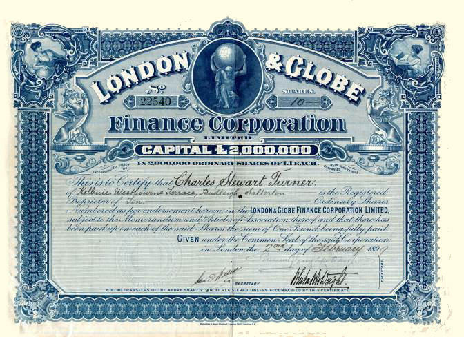 London & Globe Finance share certificate