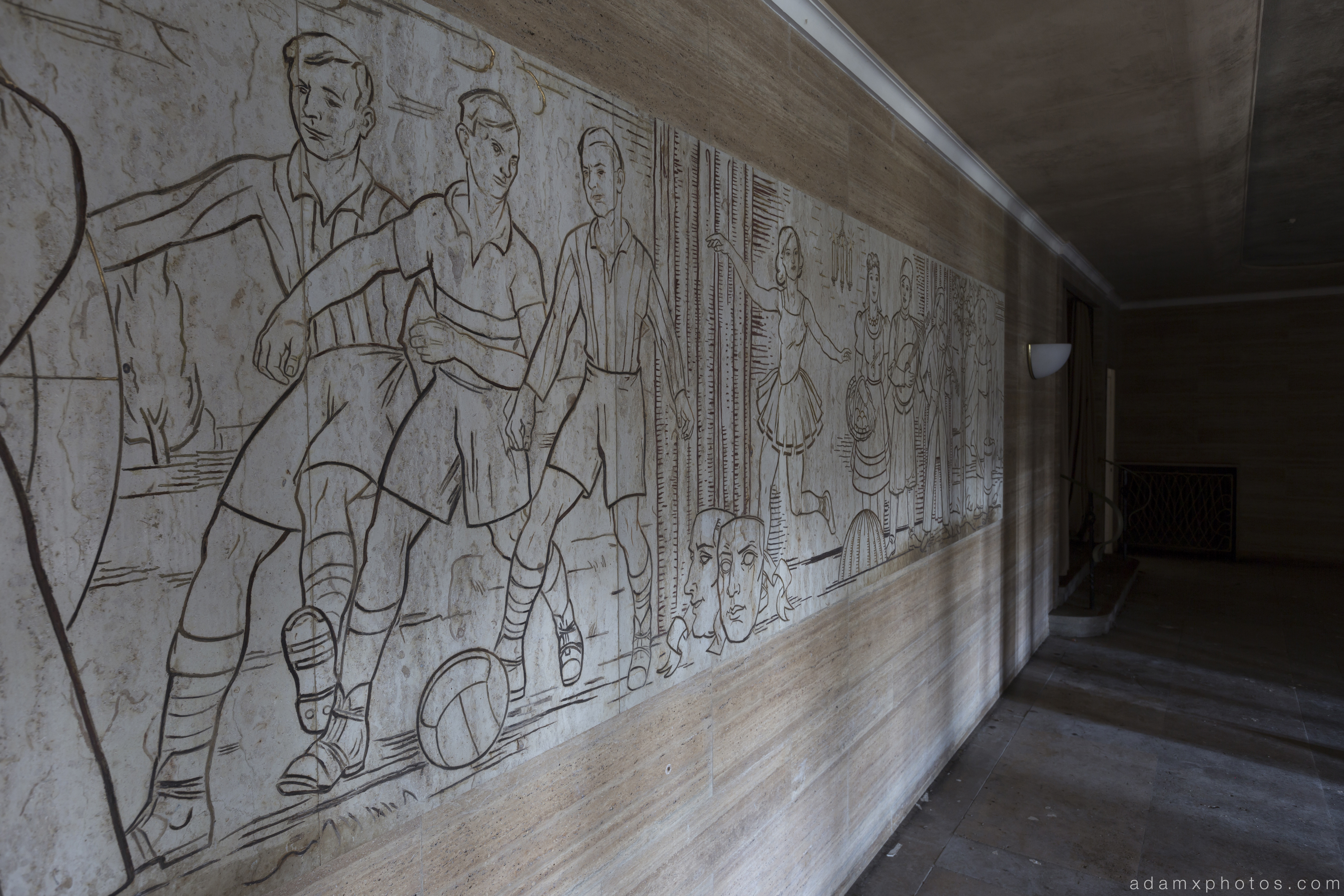 Mural football men wall foyer lobby reception entrance detail Salem Sanatorium Urbex Germany Adam X Urban Exploration Access 2016 Abandoned decay lost forgotten derelict location Deutschland