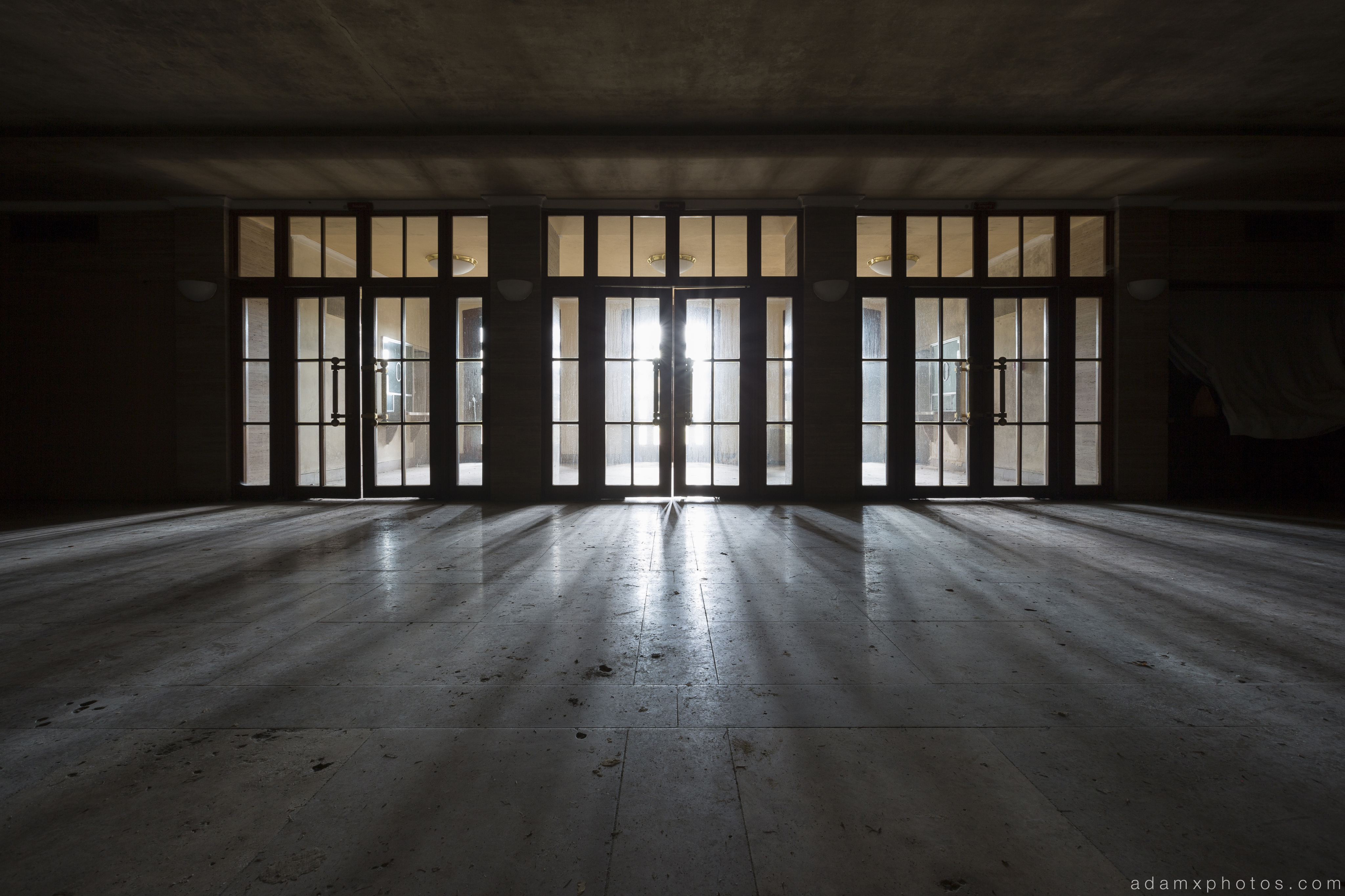 Entrance doors shadows light foyer lobby Salem Sanatorium Urbex Germany Adam X Urban Exploration Access 2016 Abandoned decay lost forgotten derelict location Deutschland