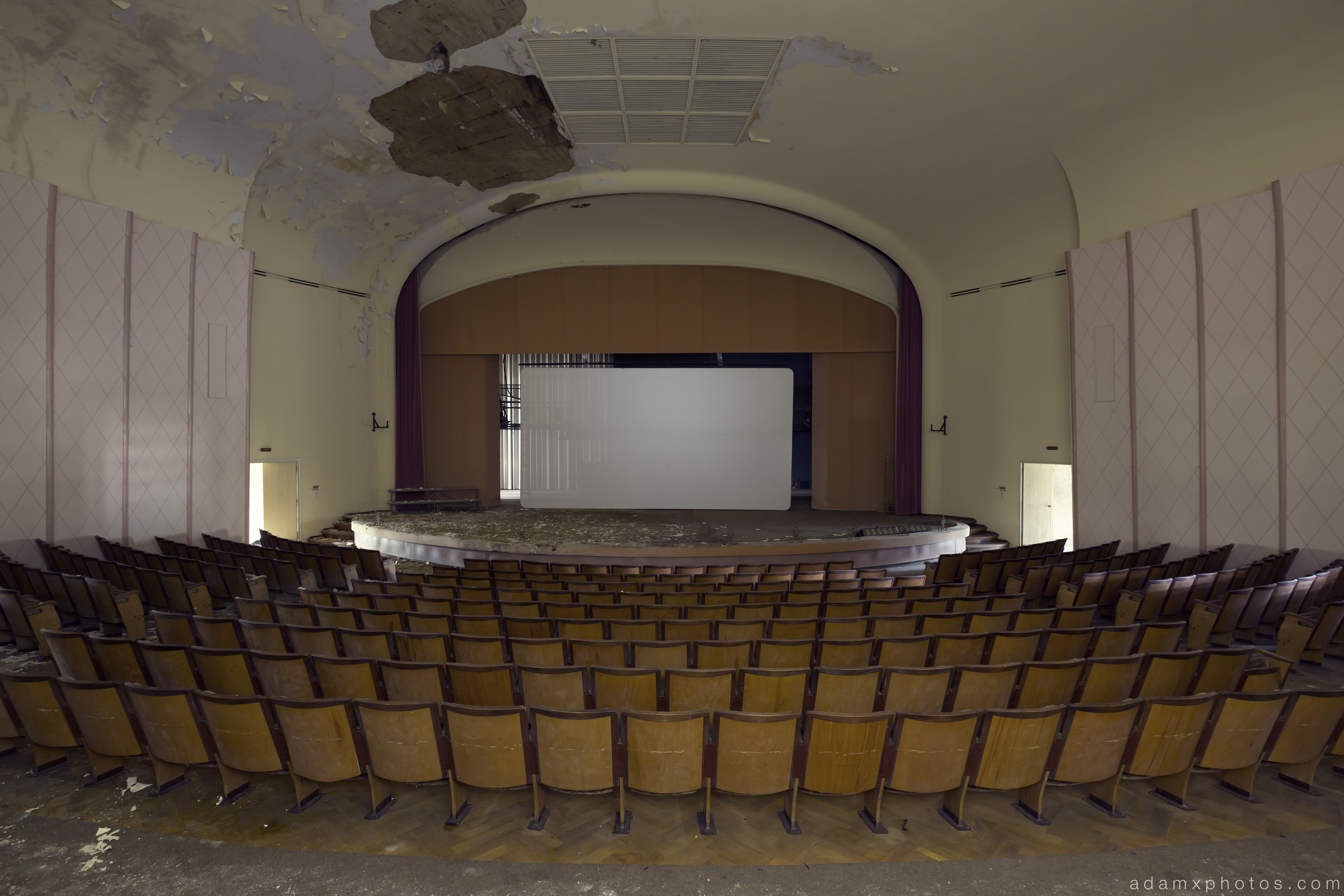 Theatre Auditorium cinema stage chairs seating Salem Sanatorium Urbex Germany Adam X Urban Exploration Access 2016 Abandoned decay lost forgotten derelict location Deutschland