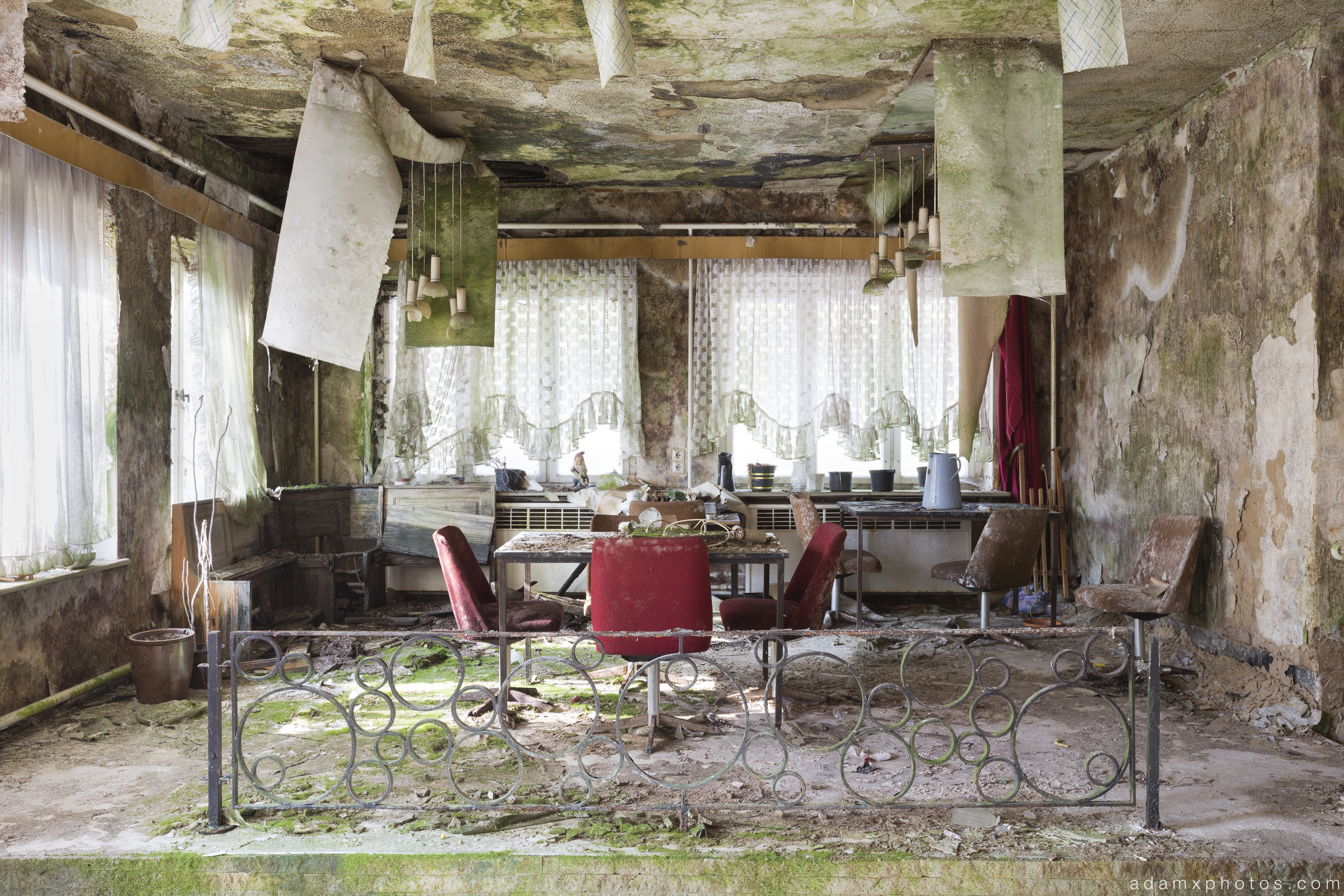 Dining Room table chairs green Biosphere Hotel Urbex Germany Adam X Urban Exploration Access 2016 Abandoned decay lost forgotten derelict location Deutschland Mould