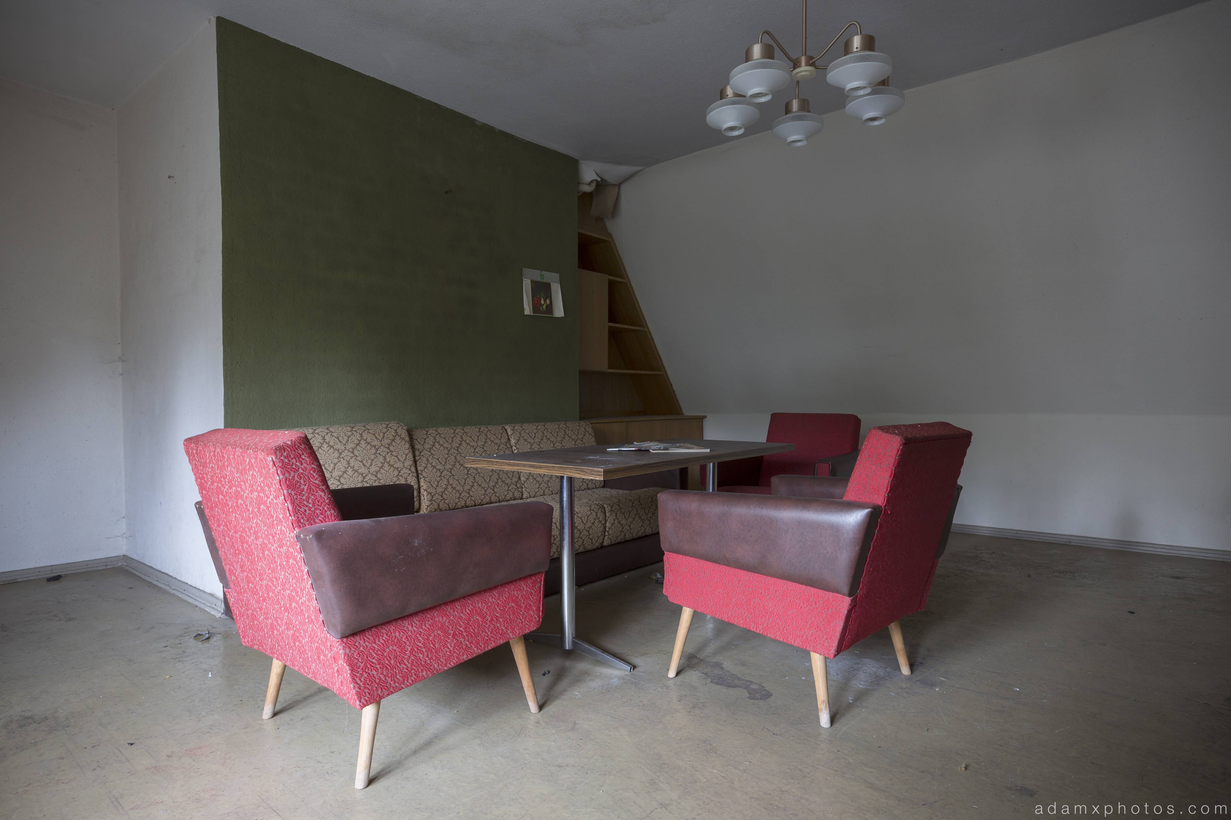 Staff Wing accommodation lounge retro chairs Ferienhotel Sachsenhof Hotel Ski Alpine Urbex Germany Adam X Urban Exploration Access 2016 Abandoned decay lost forgotten derelict location Deutschland Mould