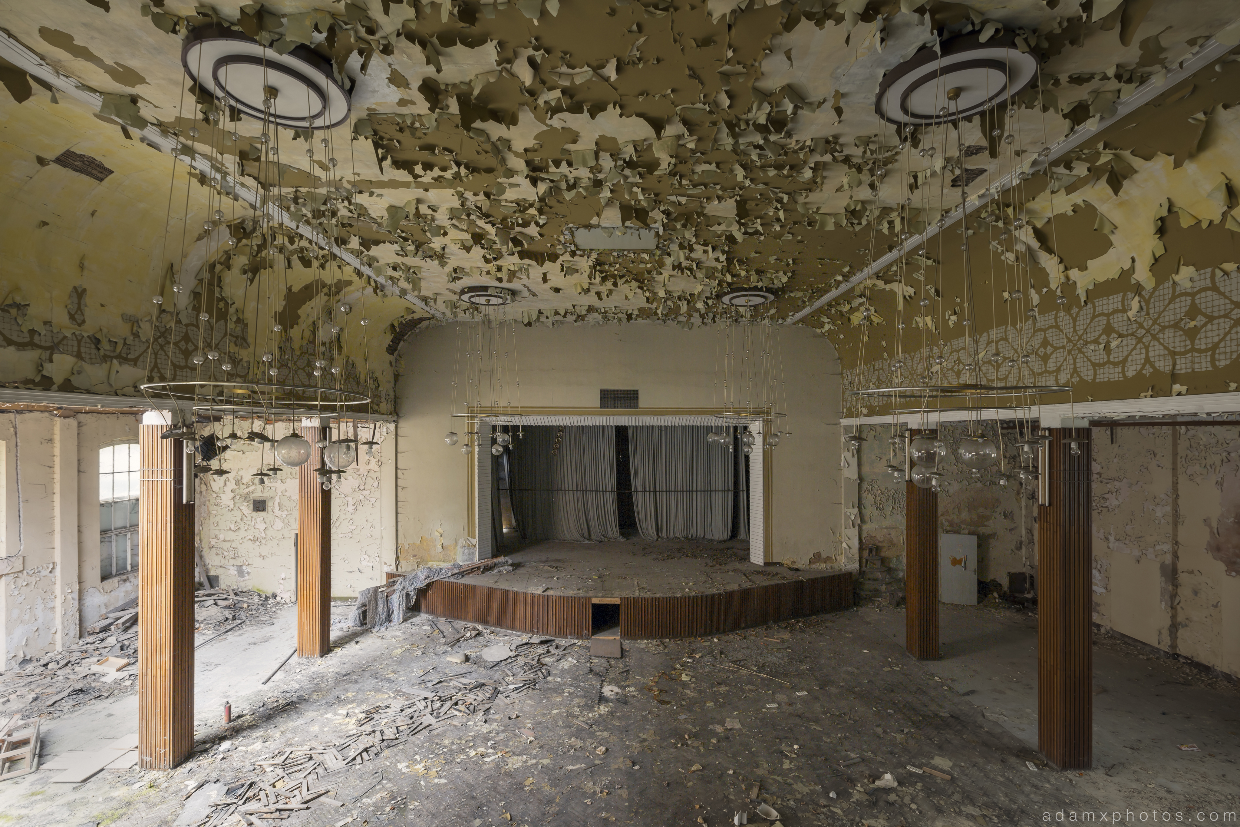 Main Stage view from balcony dangerous collapsing peeling paint Ballhaus K Ballroom Urbex Germany Adam X Urban Exploration Access 2016 Abandoned decay lost forgotten derelict location Deutschland