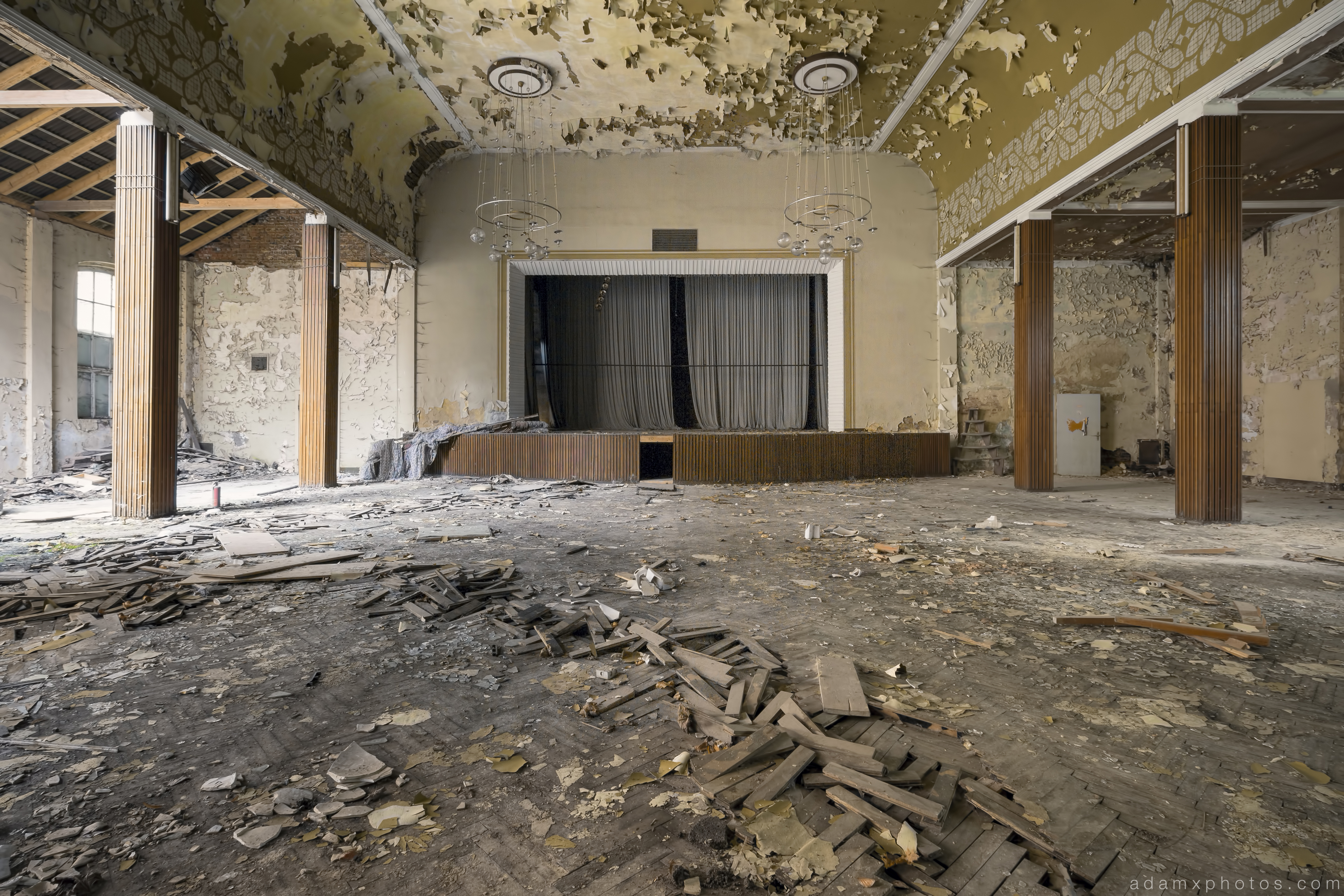 Main Stage parquet flooring warped peeling paint Ballhaus K Ballroom Urbex Germany Adam X Urban Exploration Access 2016 Abandoned decay lost forgotten derelict location Deutschland