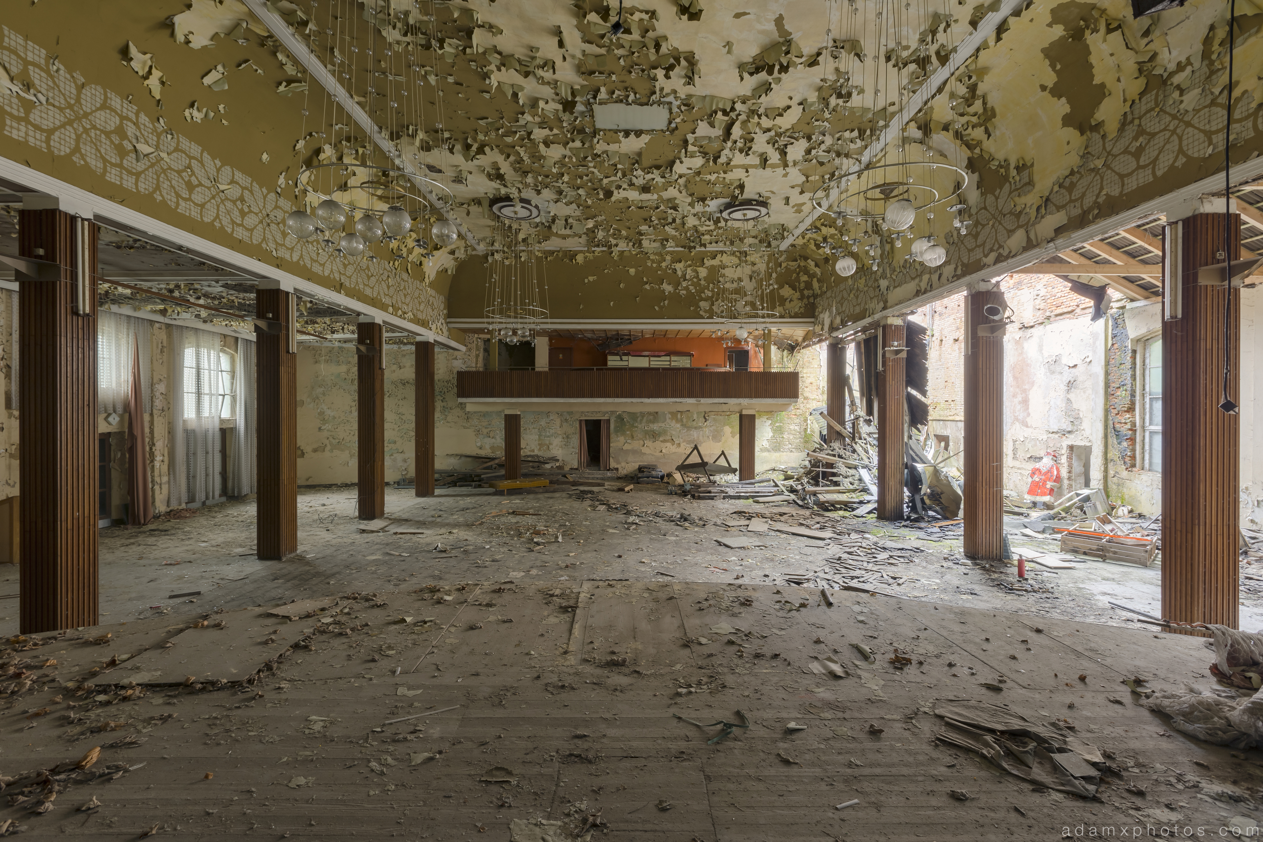 View from the Main Stage parquet flooring warped peeling paint Ballhaus K Ballroom Urbex Germany Adam X Urban Exploration Access 2016 Abandoned decay lost forgotten derelict location Deutschland